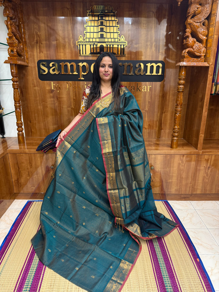Blue , Zari Podi Kattam in the body , Traditional Borders and Rich Pallu Semi Silk Cotton Saree