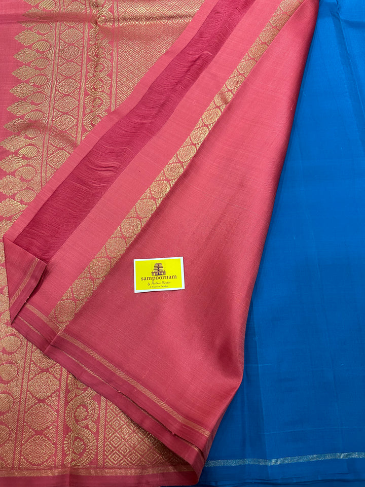 A Classic Blue with Onion Pink Saree with Kolam Zari Motif in Body And Rich Pallu Pure Kanjivaram Silk Saree