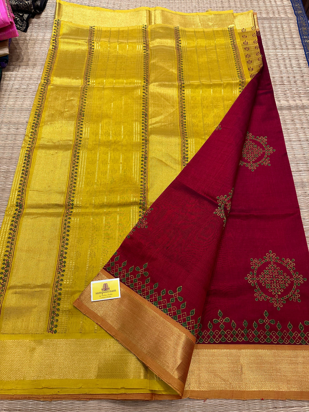 Maroon with Lemon Yeallo Kolam Handblock Printed Silk Cotton Saree