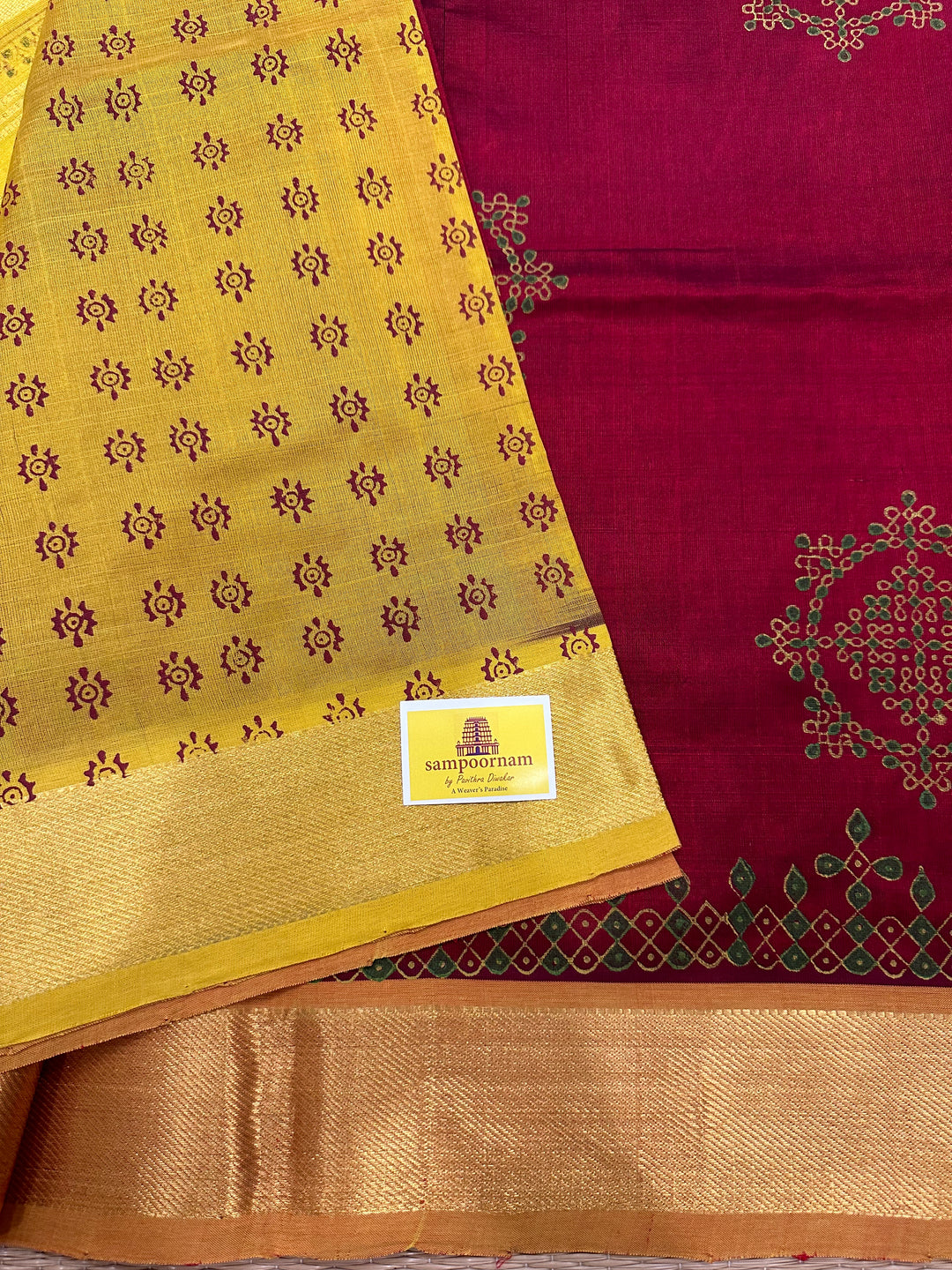 Maroon with Lemon Yeallo Kolam Handblock Printed Silk Cotton Saree