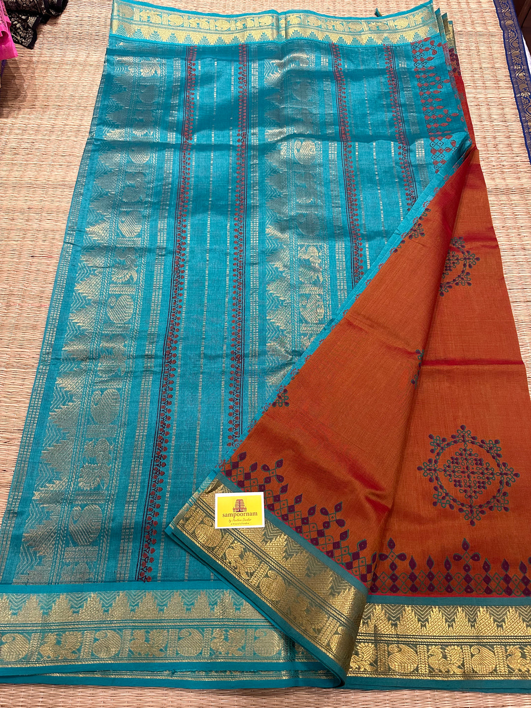 Rust Orange with Turquoise Blue Kolam Handblock Printed Silk Cotton Saree