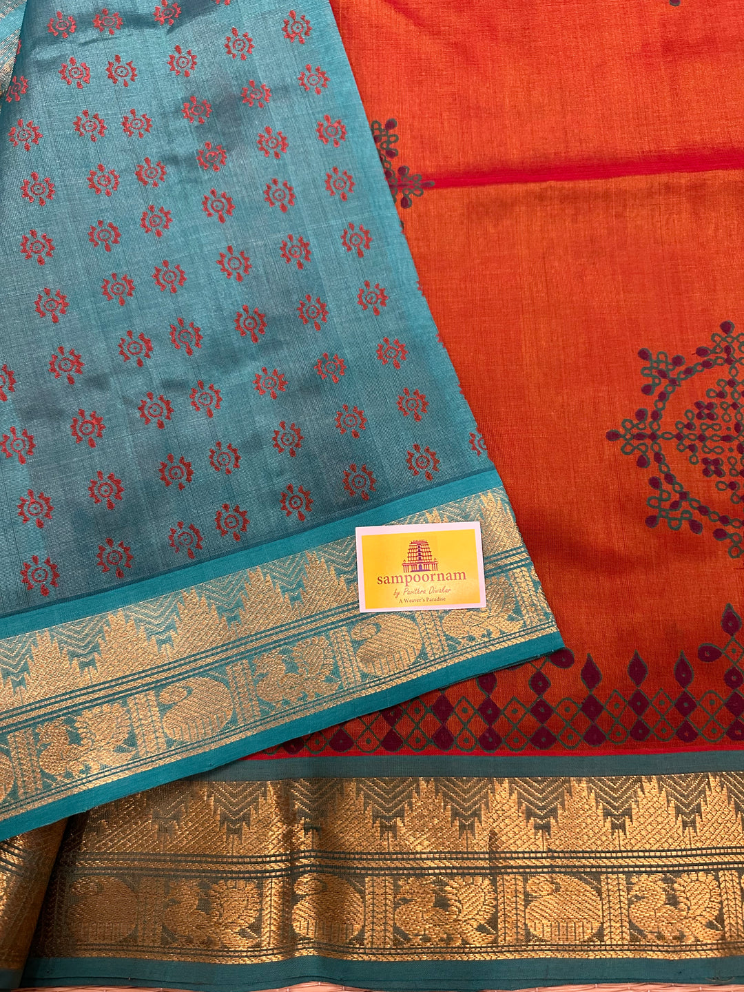 Rust Orange with Turquoise Blue Kolam Handblock Printed Silk Cotton Saree