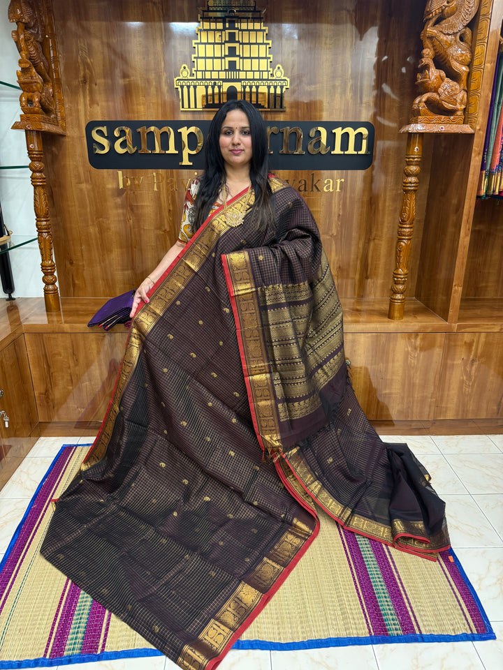 Black , Zari Podi Kattam in the body , Traditional Borders and Rich Pallu Semi Silk Cotton Saree