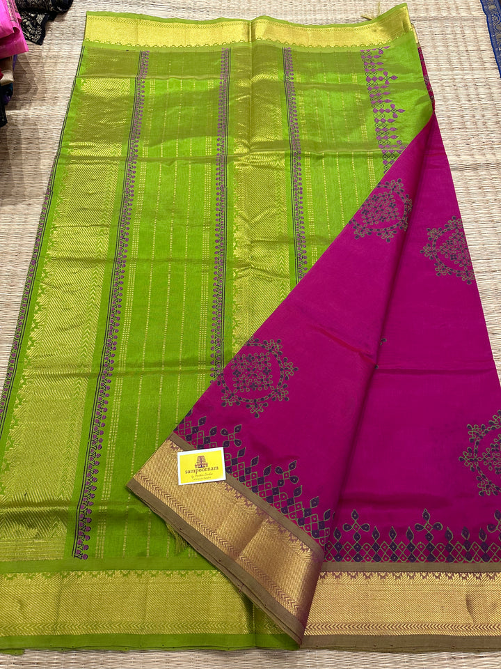 Pink with Green Kolam Handblock Printed Silk Cotton Saree