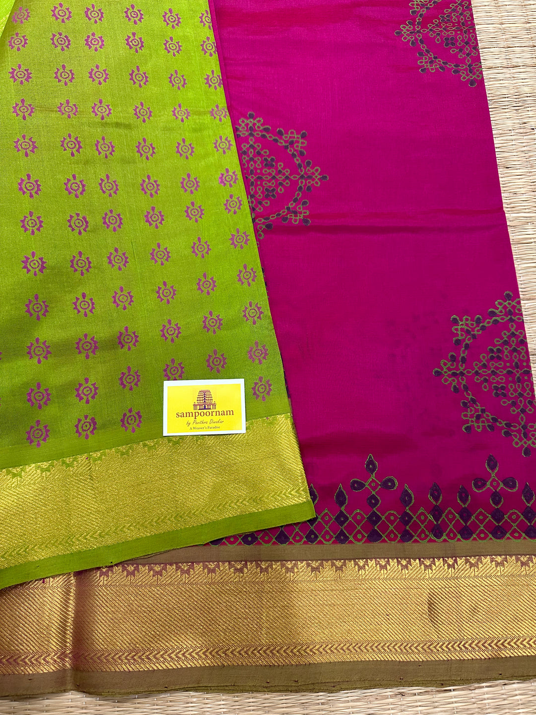 Pink with Green Kolam Handblock Printed Silk Cotton Saree