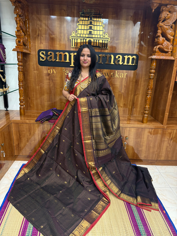 Brown , Zari Podi Kattam in the body , Traditional Borders and Rich Pallu Semi Silk Cotton Saree