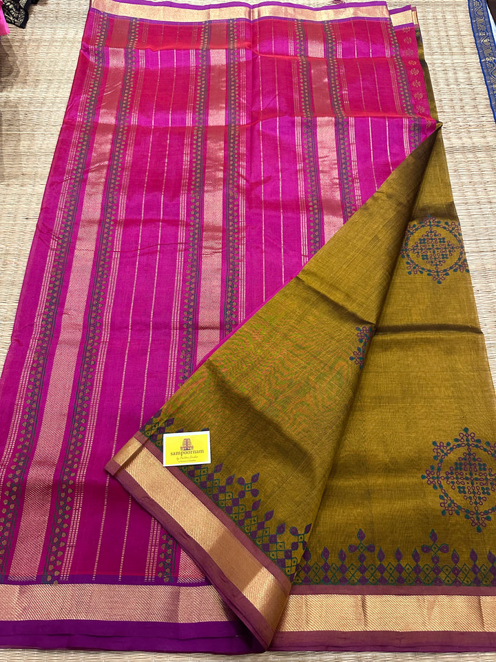 Dark Fenugreek with Pink Kolam Handblock Printed Silk Cotton Saree