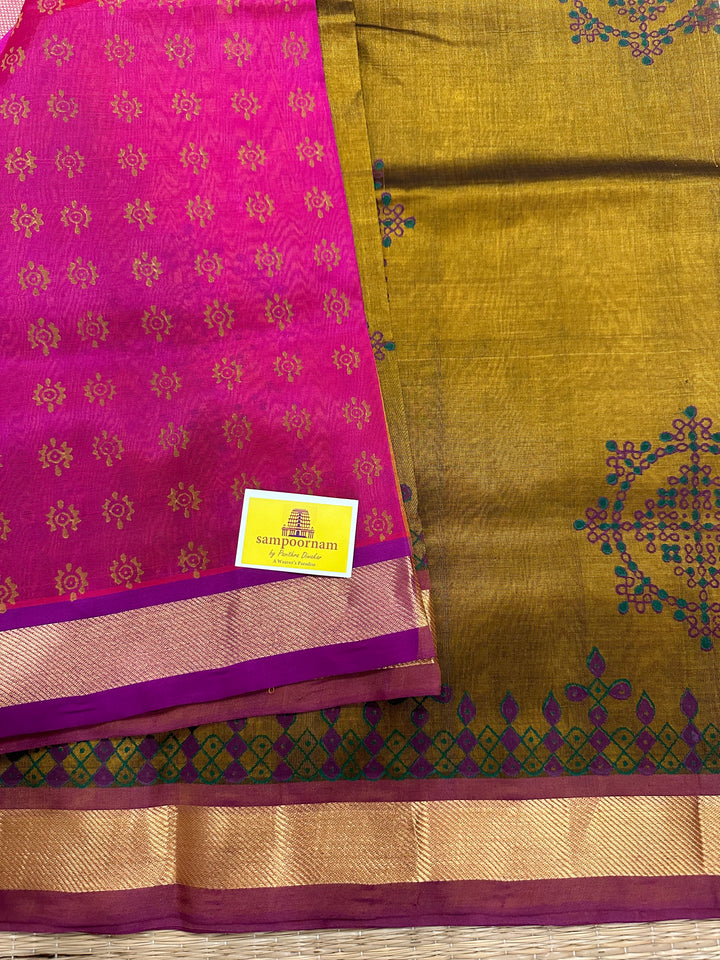 Dark Fenugreek with Pink Kolam Handblock Printed Silk Cotton Saree