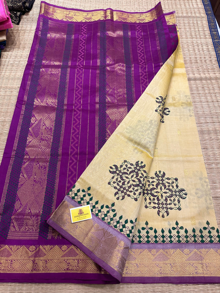 Offwhite with Purple, Body Zari Butta Kolam Handblock Printed Silk Cotton Saree