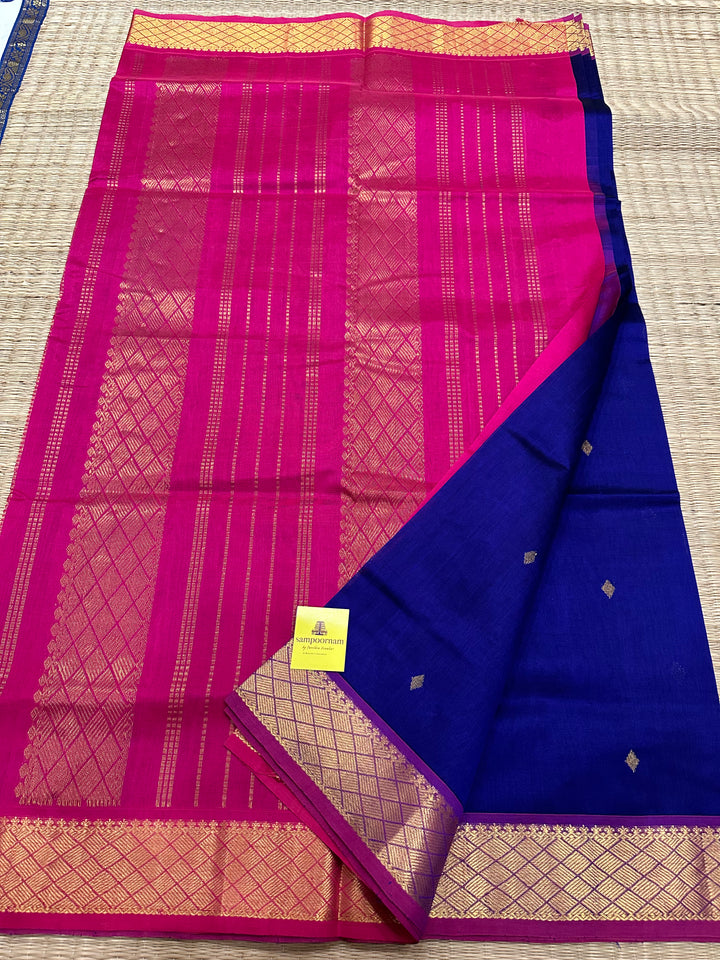 Blue with Pink Silk Cotton With Zari Butta