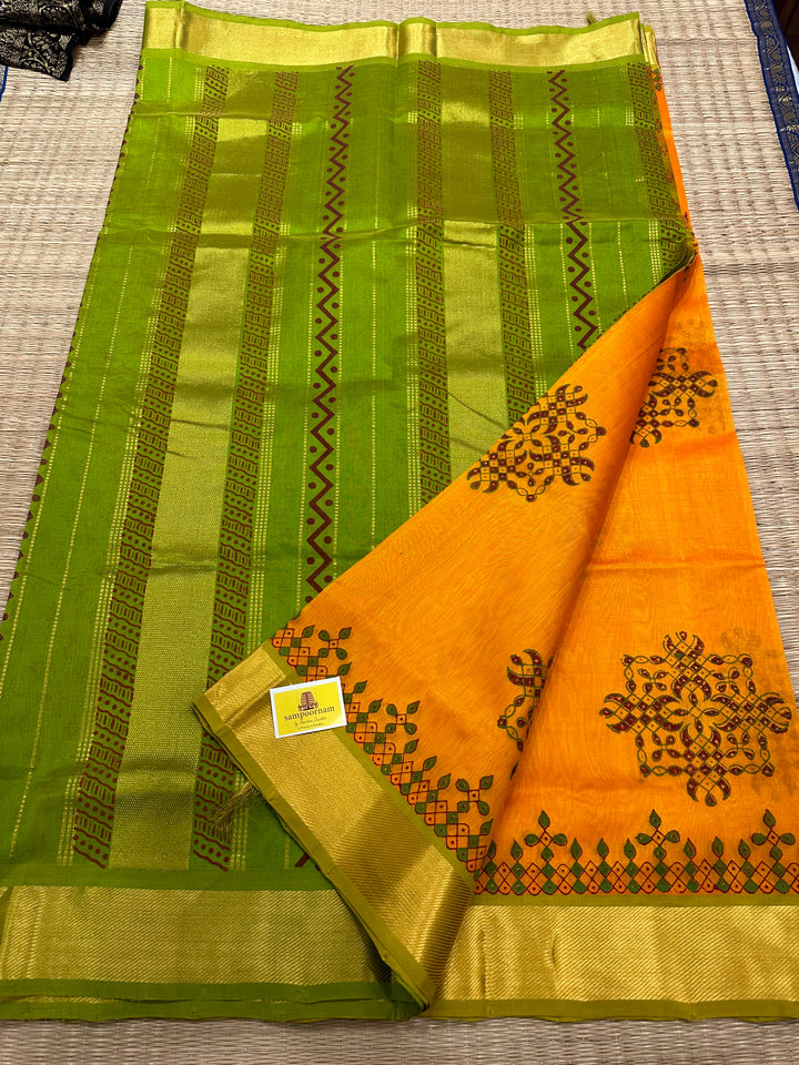 Mambazha Manjal with Green Kolam Handblock Printed Silk Cotton Saree