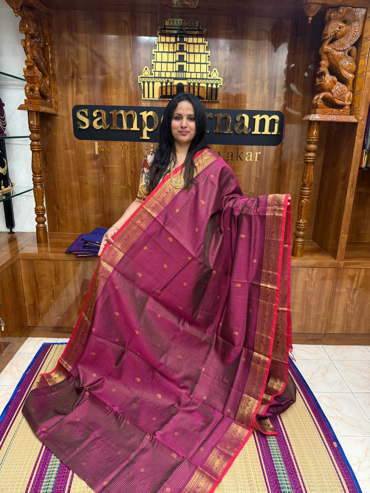 Magenta , Zari Podi Kattam in the body , Traditional Borders and Rich Pallu Semi Silk Cotton Saree