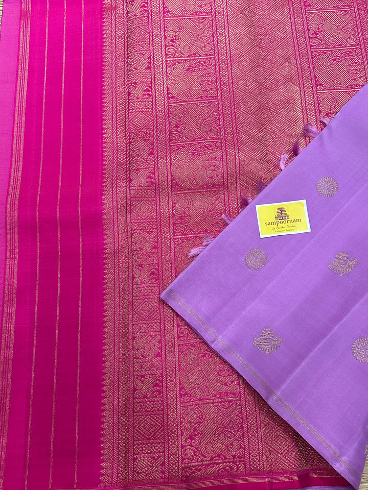 A Lovely Lavender and Pink Saree with Rich Mayil and Chakram Motif WIth Rich Pallu Pure Kanjivaram Silk Saree