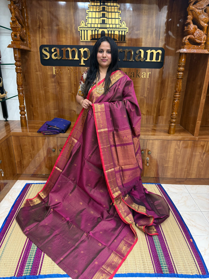 Magenta , Zari Podi Kattam in the body , Traditional Borders and Rich Pallu Semi Silk Cotton Saree
