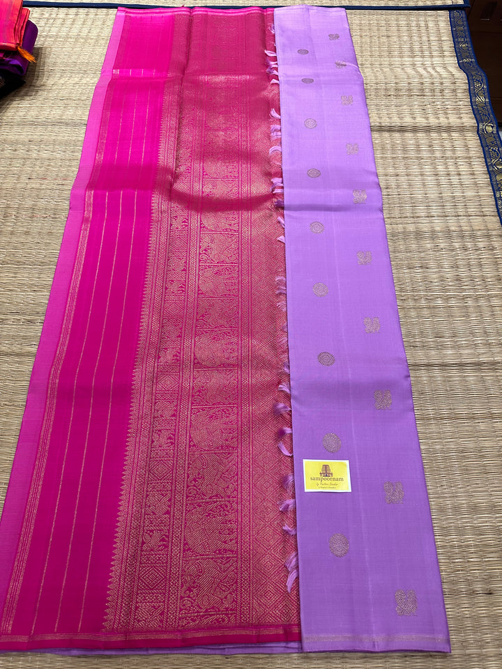 A Lovely Lavender and Pink Saree with Rich Mayil and Chakram Motif WIth Rich Pallu Pure Kanjivaram Silk Saree