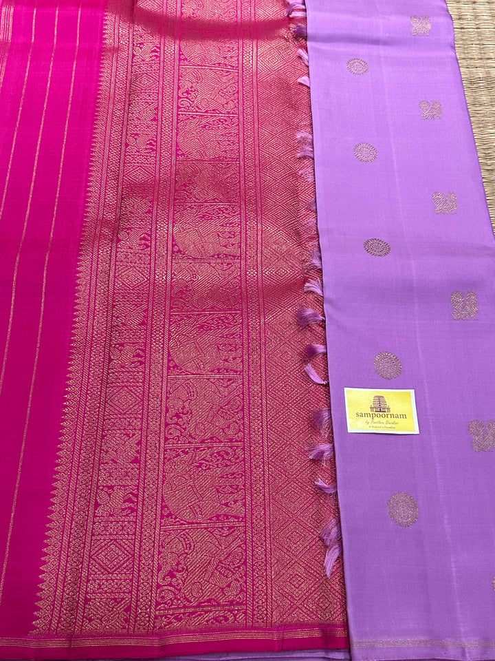 A Lovely Lavender and Pink Saree with Rich Mayil and Chakram Motif WIth Rich Pallu Pure Kanjivaram Silk Saree