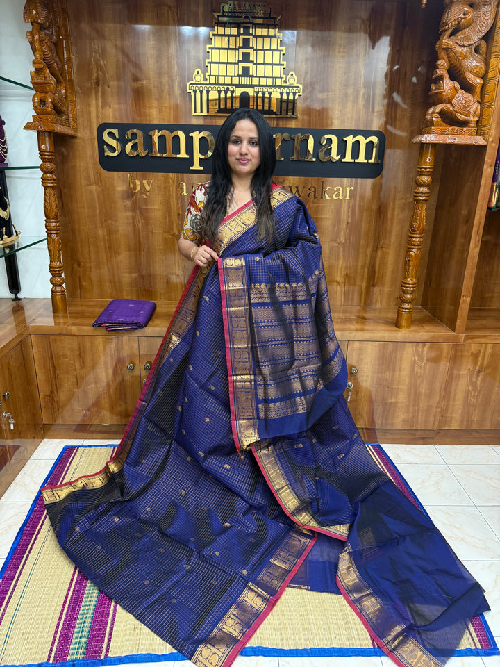 Royal Blue  , Zari Podi Kattam in the body , Traditional Borders rich Pallu Semi Silk Cotton Saree