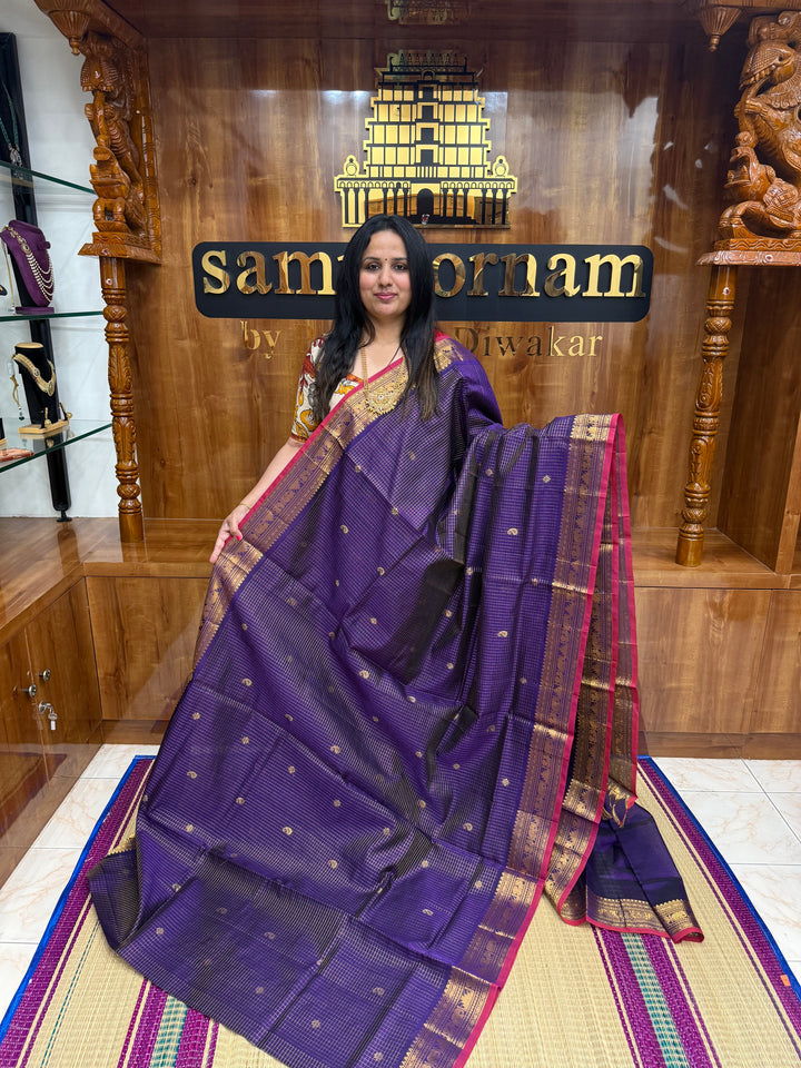 Purple , Zari Podi Kattam in the body , Traditional Borders and Rich Pallu Semi Silk Cotton Saree