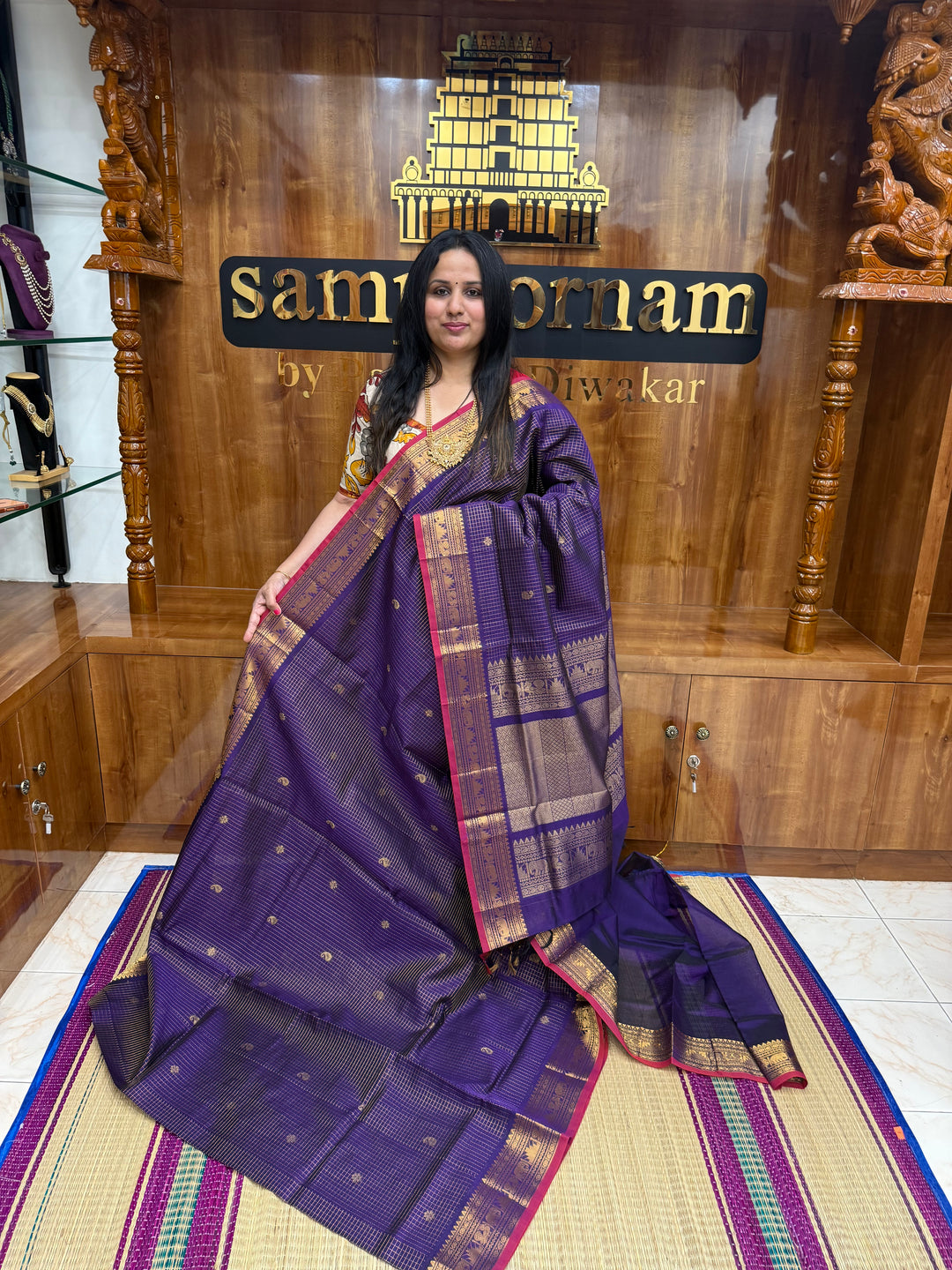 Purple , Zari Podi Kattam in the body , Traditional Borders and Rich Pallu Semi Silk Cotton Saree