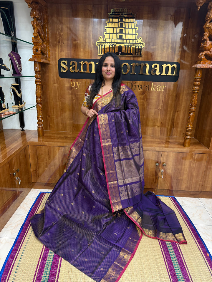 Purple , Zari Podi Kattam in the body , Traditional Borders and Rich Pallu Semi Silk Cotton Saree