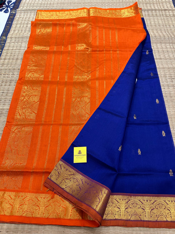 Blue with Orange Zari Butta Silk Cotton Saree