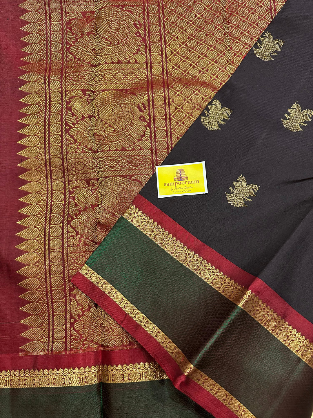 An Evergreen Combo Black with Ganga Jamuna Border Araku and Green, Gandaberundu Zari motif in Body and Rich Pallu Pure Kanjivaram Silk Sarees