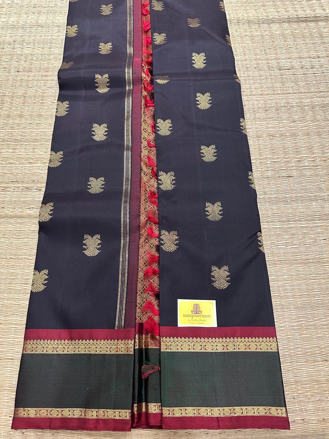 An Evergreen Combo Black with Ganga Jamuna Border Araku and Green, Gandaberundu Zari motif in Body and Rich Pallu Pure Kanjivaram Silk Sarees