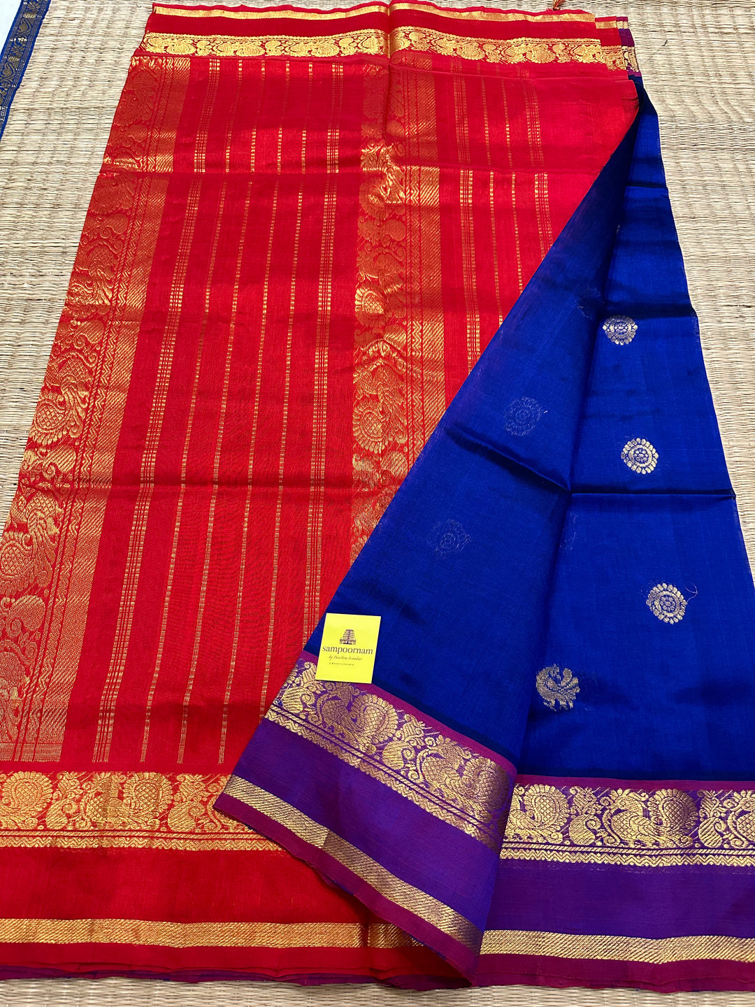 Blue with Red Rettapet Zari Butta Rettapet Silk Cotton Saree