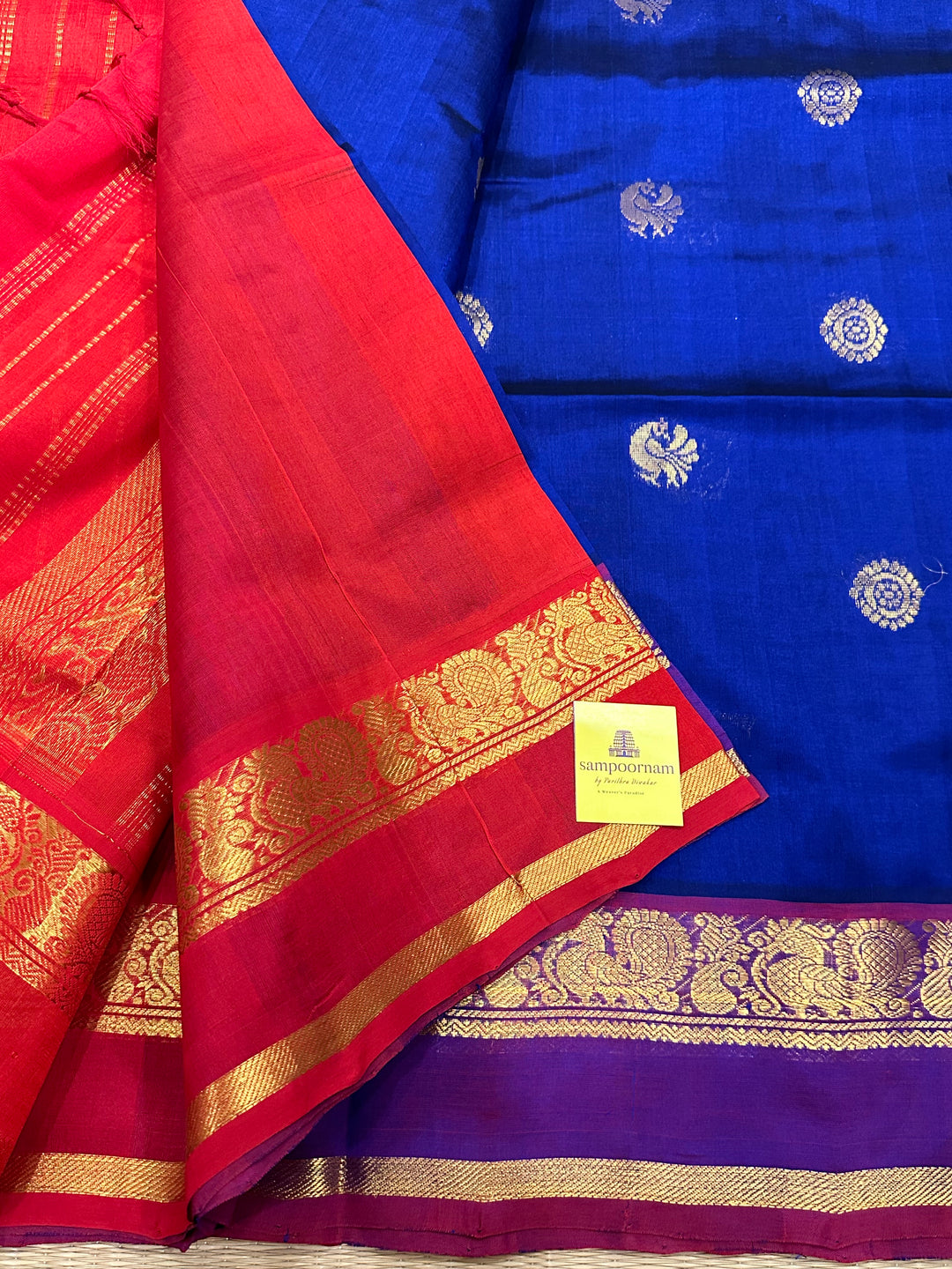 Blue with Red Rettapet Zari Butta Rettapet Silk Cotton Saree