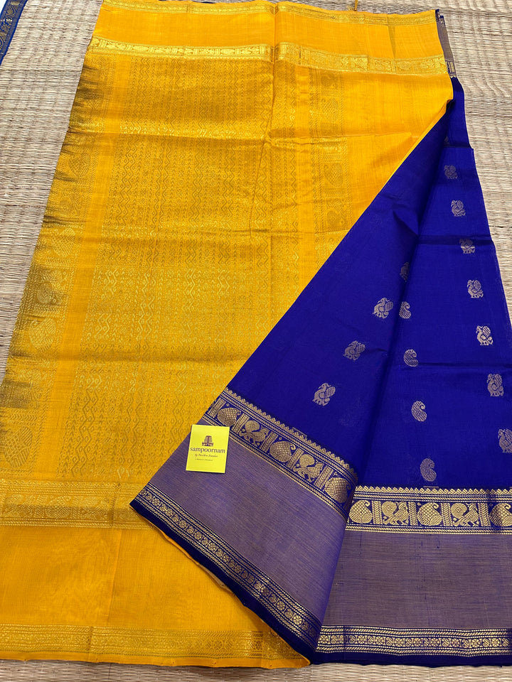 Blue with Yellow Rettapet Zari Butta Silk Cotton Saree