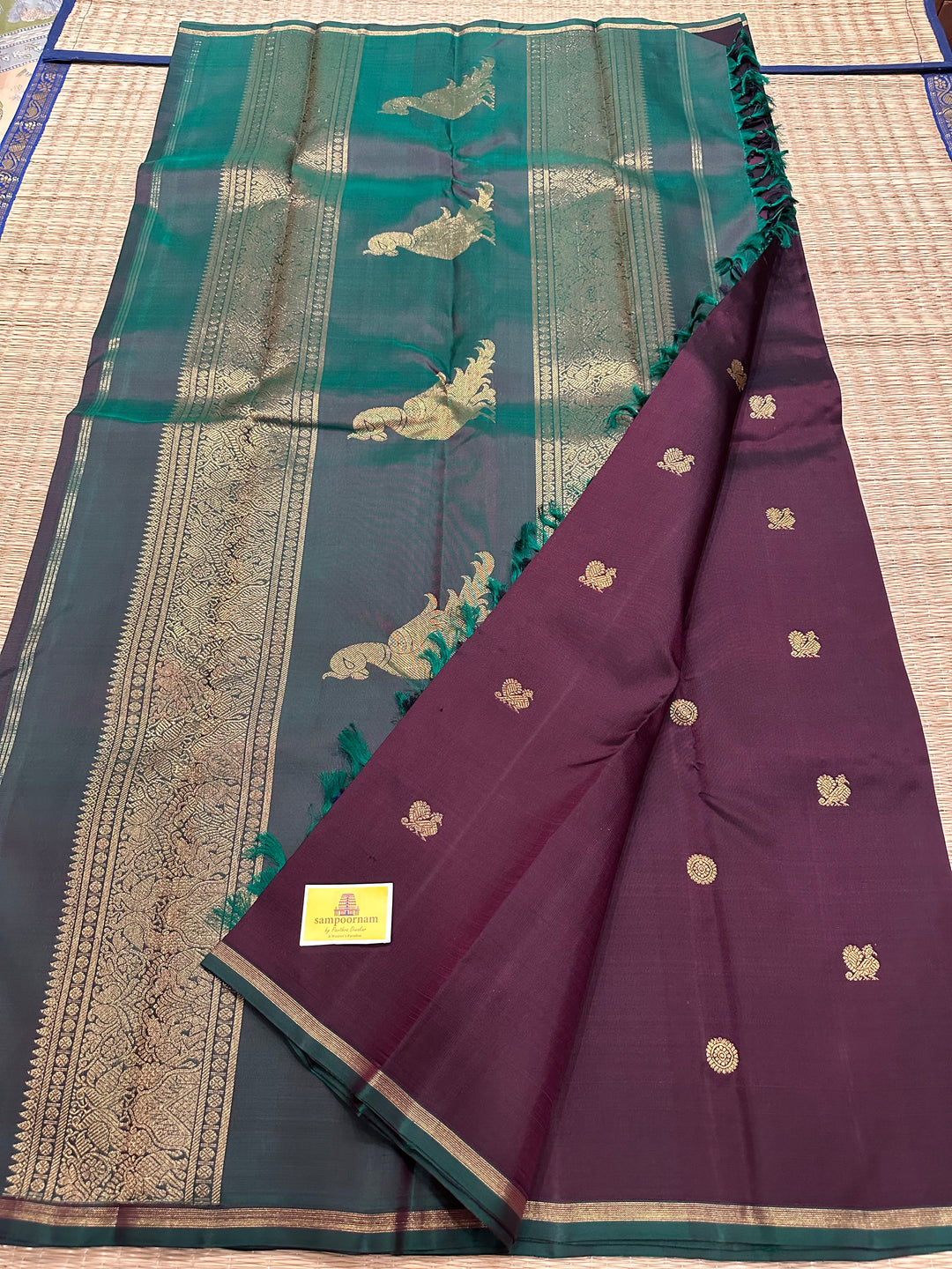 A Classic Dark Araku with Dark Manthulir Green Saree, with Small Mayil and Chakram Zari Motif and Richi Kili Kanjivaram Pallu Pure Kanjivaram Silk Saree