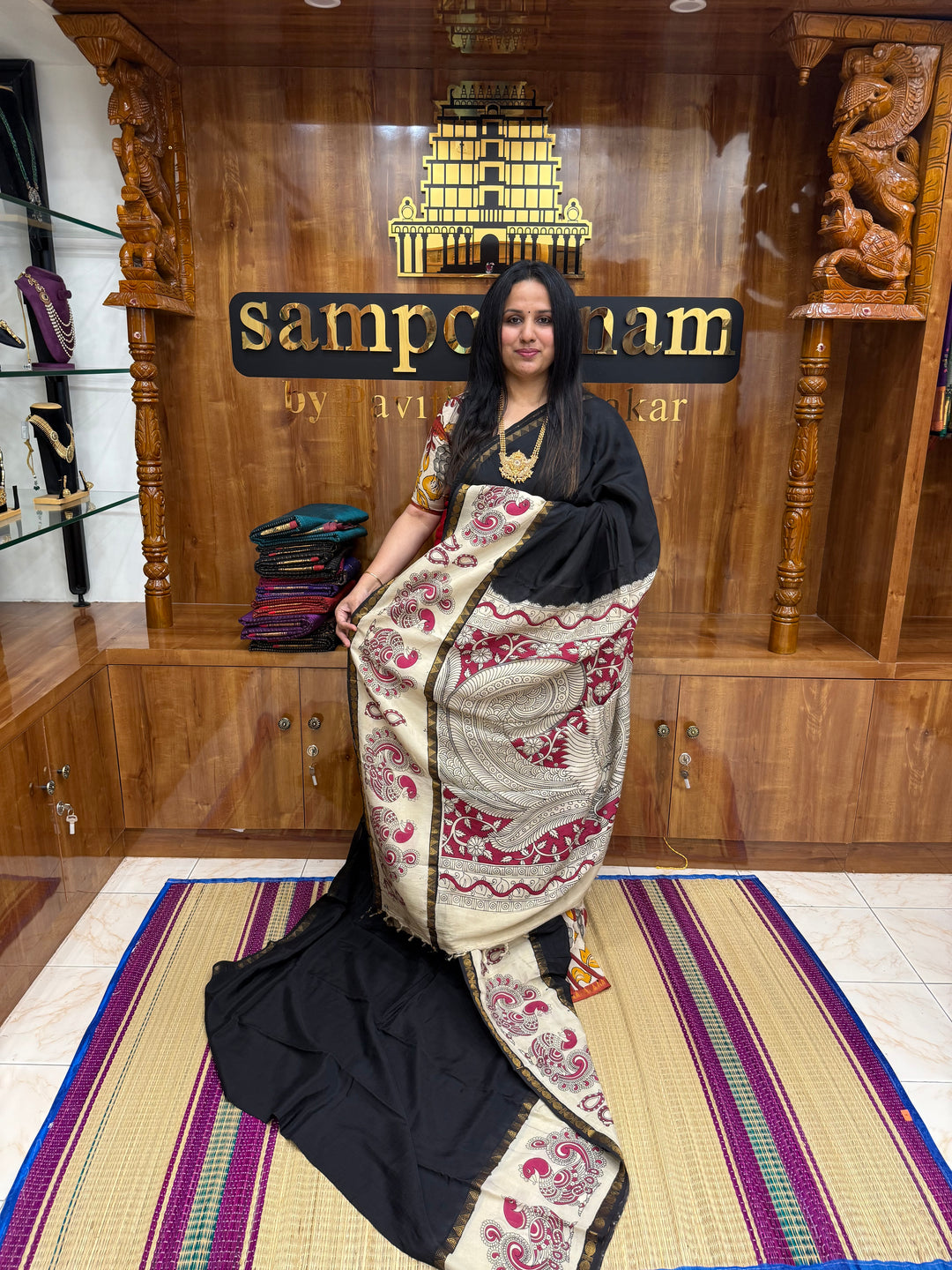 Black , Kalamkari Prints in One Side border , Pallu and Blouse , Chennuri Silk Saree