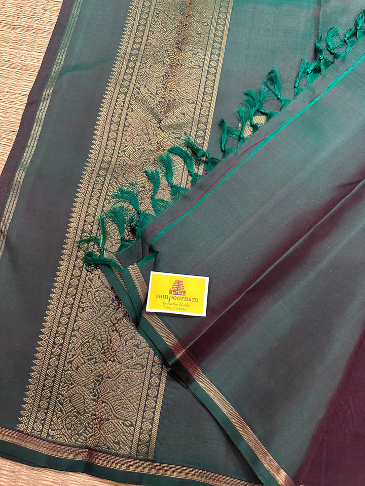 A Classic Dark Araku with Dark Manthulir Green Saree, with Small Mayil and Chakram Zari Motif and Richi Kili Kanjivaram Pallu Pure Kanjivaram Silk Saree