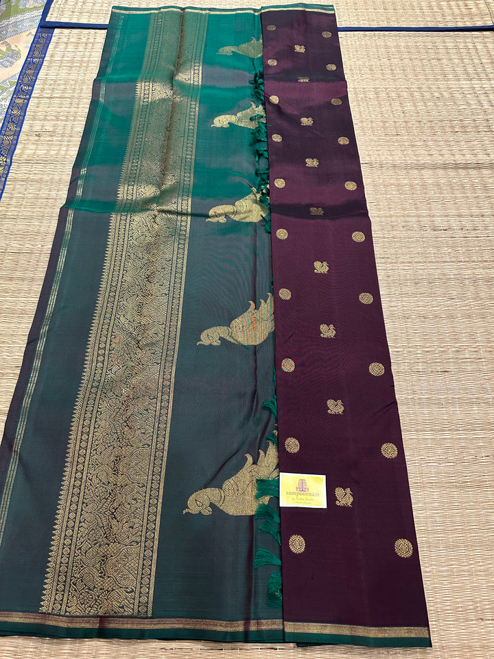 A Classic Dark Araku with Dark Manthulir Green Saree, with Small Mayil and Chakram Zari Motif and Richi Kili Kanjivaram Pallu Pure Kanjivaram Silk Saree