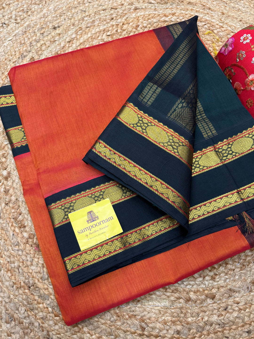 Rustic Orange with Dark Green  , Rettapet borders and Rich Pallu Korvai Silk Cotton Saree