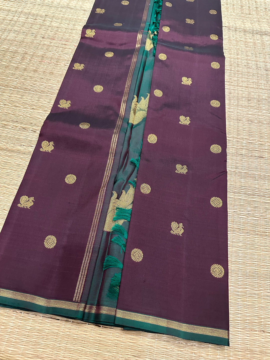 A Classic Dark Araku with Dark Manthulir Green Saree, with Small Mayil and Chakram Zari Motif and Richi Kili Kanjivaram Pallu Pure Kanjivaram Silk Saree