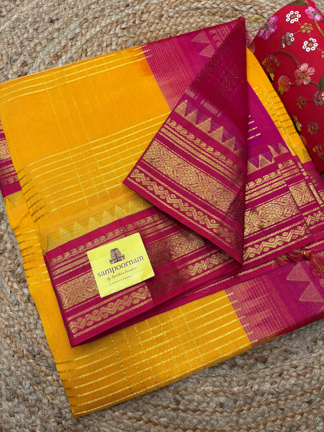 Mambazha Manjal with Pink , rich Zari Muthu Kattam  in the body , traditional borders and rich Pallu Korvai Silk Cotton Saree