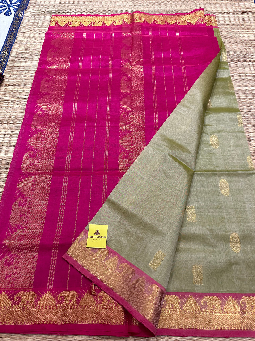 Light Pastel Elaichi Colour With Pink Rich Butta Silk Cotton Saree