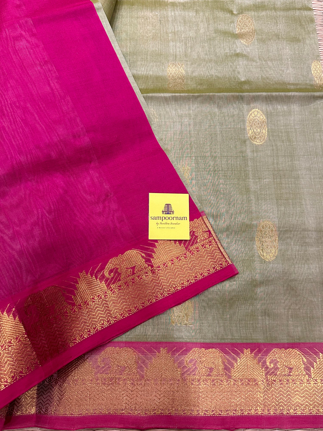 Light Pastel Elaichi Colour With Pink Rich Butta Silk Cotton Saree