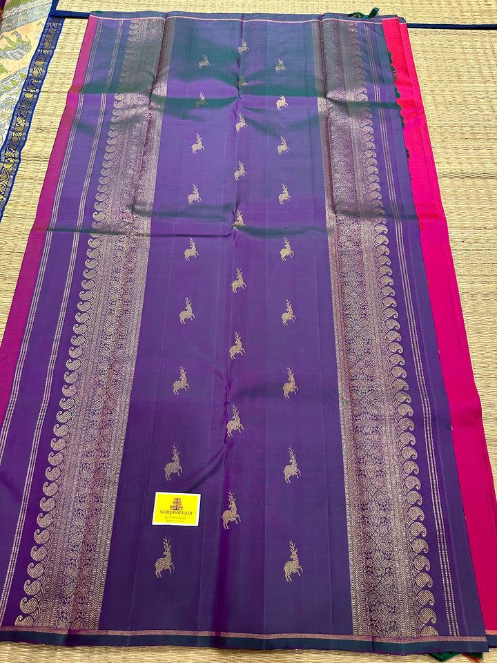 A Very Beautiful Magenta with Mayil Kazhuthu Saree, with Small Deer Zari Motif And Rich Pallu Pure Kanjivaram Silk Saree