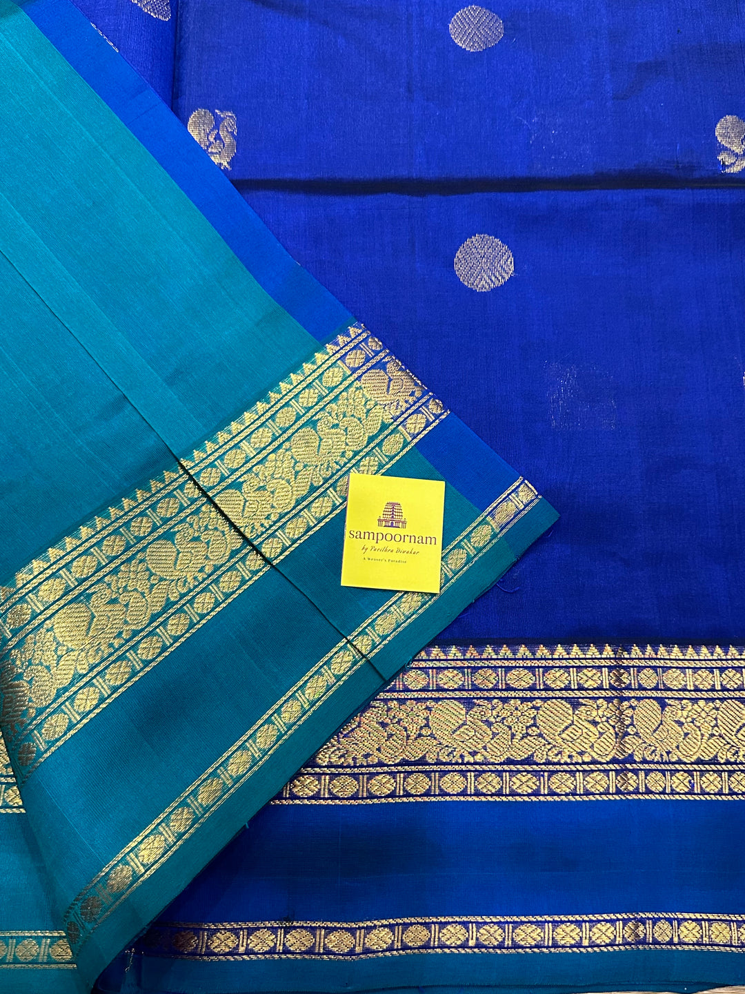 Blue with Green Rettapet Rich Border Zari Butta Silk Cotton Saree