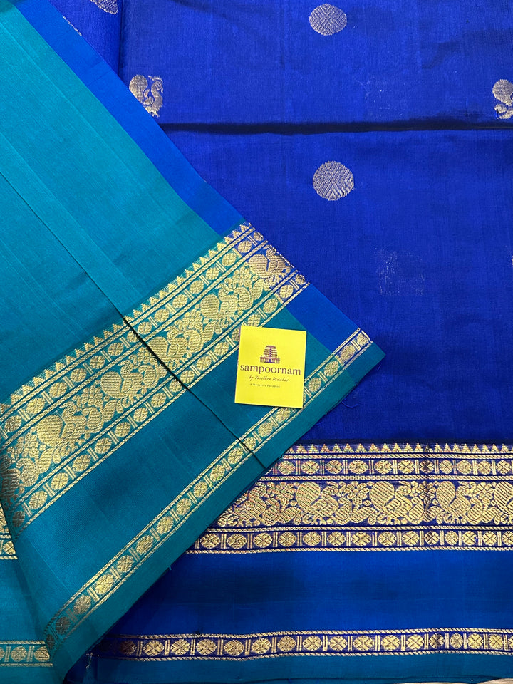 Blue with Green Rettapet Rich Border Zari Butta Silk Cotton Saree