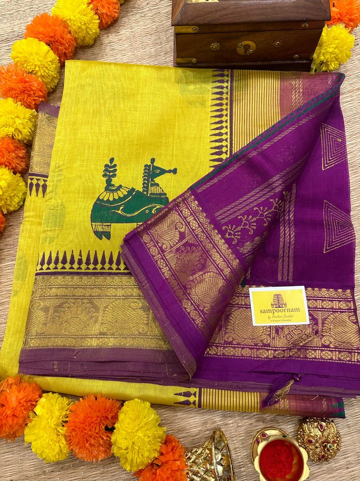 Lemon Yellow with Purple Terracota Horse Handblock Printed Silk Cotton Saree