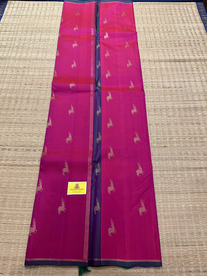 A Very Beautiful Magenta with Mayil Kazhuthu Saree, with Small Deer Zari Motif And Rich Pallu Pure Kanjivaram Silk Saree