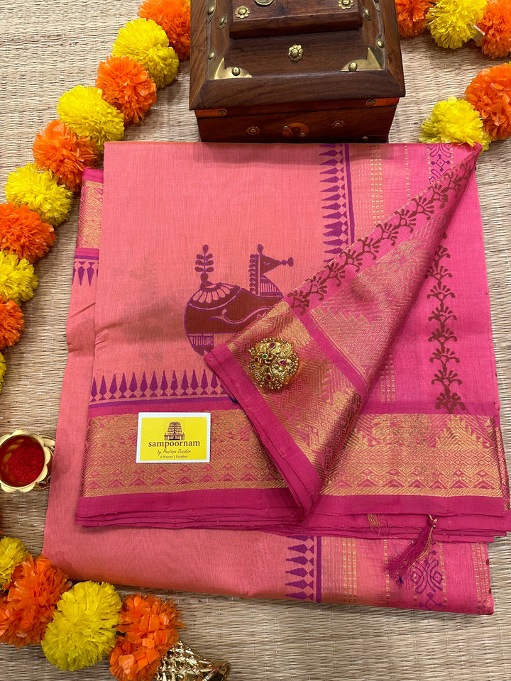 Peach Pink with Pink Terracota Horse Handblock Printed Silk Cotton Saree