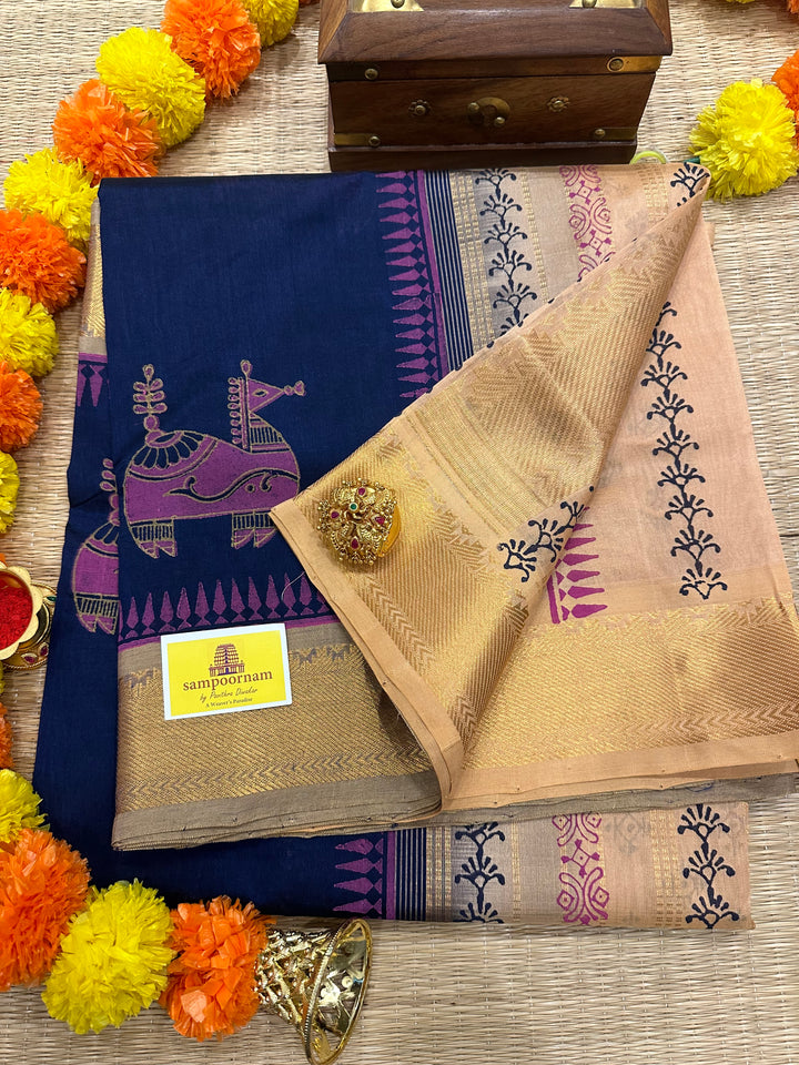 Dark Blue with Beige Terracota Horse Handblock Printed Silk Cotton Saree