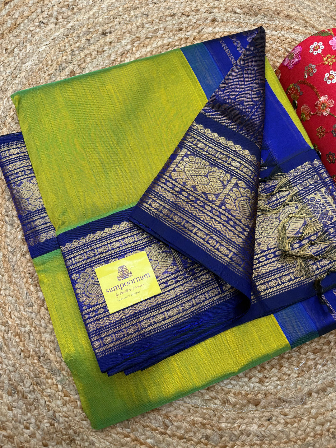 Sneha Green with Dark Blue , Traditional Big Kanchi Borders and rich Pallu Korvai Silk Cotton Saree