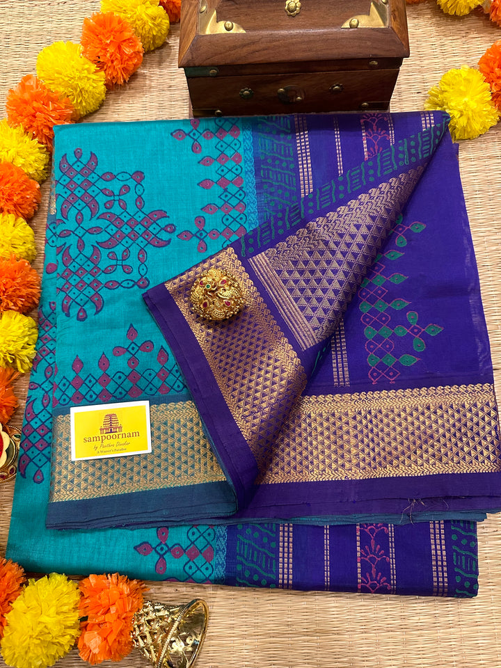 Blue with Blue Kolam Handblock Printed Silk Cotton Saree