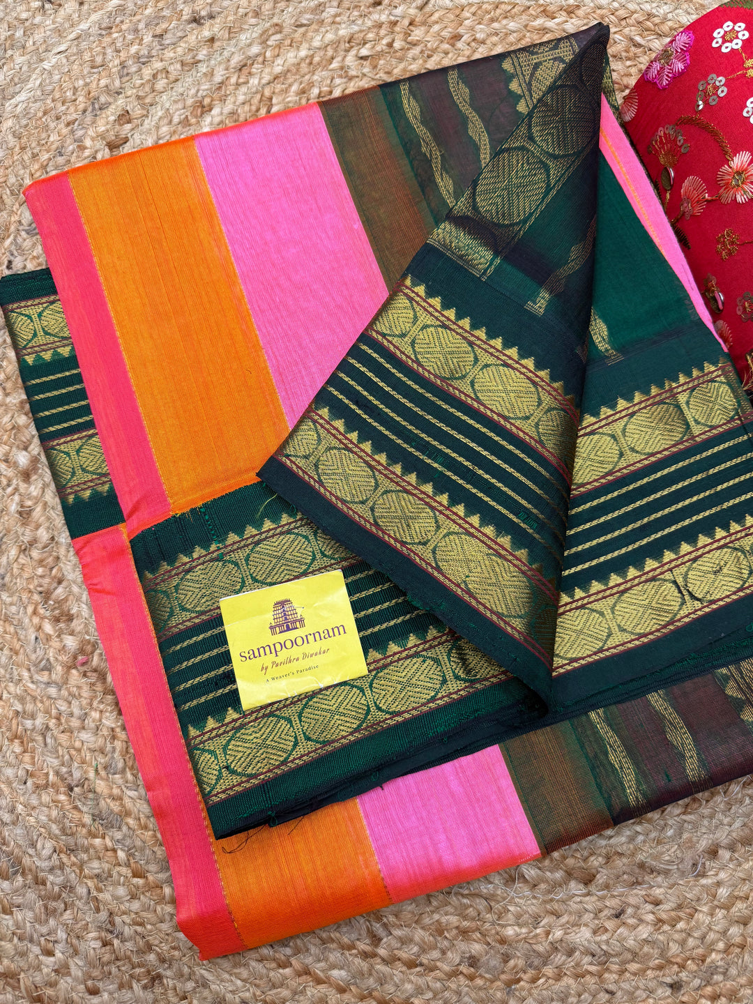 A Fusion of Pastel Shades of  Pink with Green , Traditional borders and Rich Pallu Korvai Silk Cotton Saree