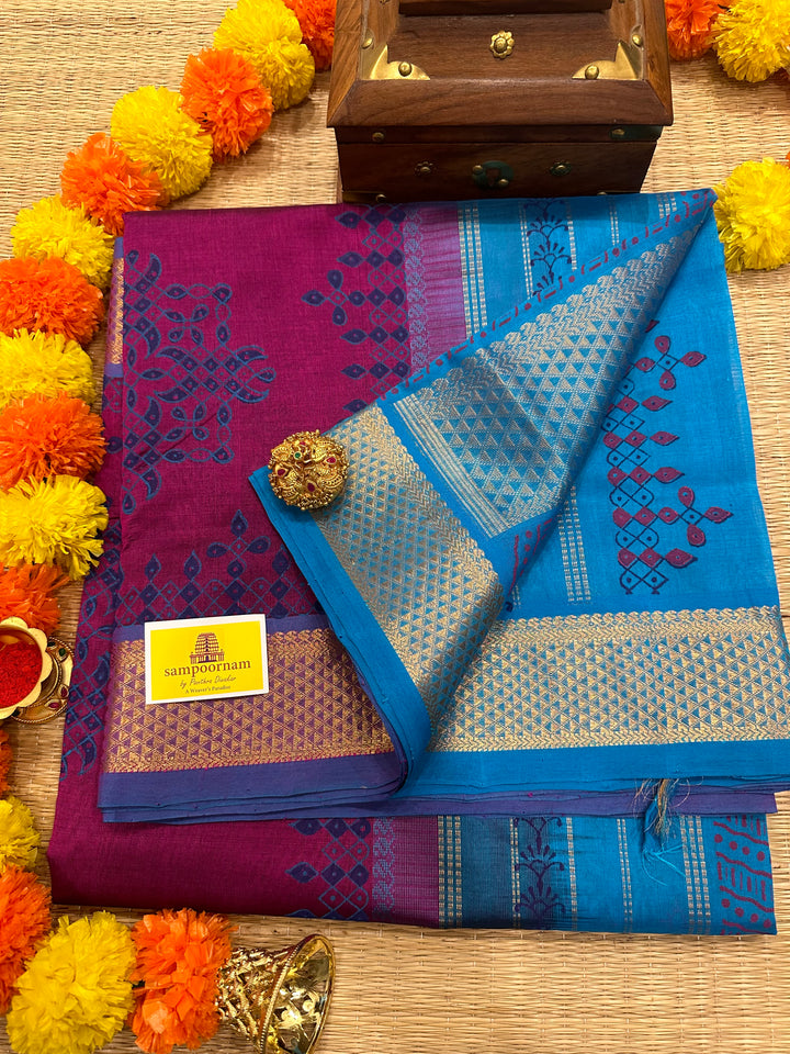 Magenta with Blue Kolam Handblock Printed Silk Cotton Saree